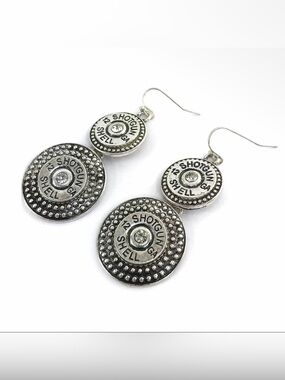 NWT Large Shotgun Shell Bullet Western Style Dangle Earrings Silver Metal
